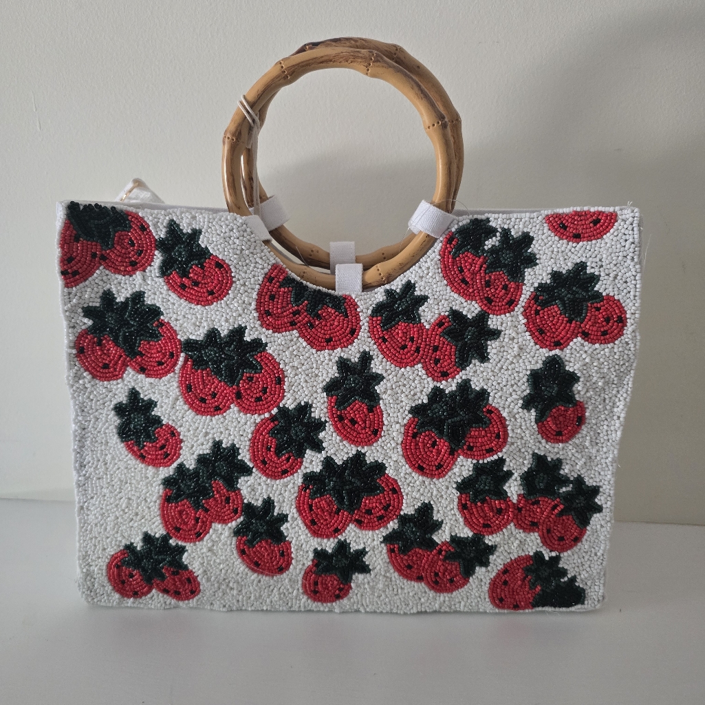Sol & Mer Beaded Strawberry Tote With Bamboo Handles